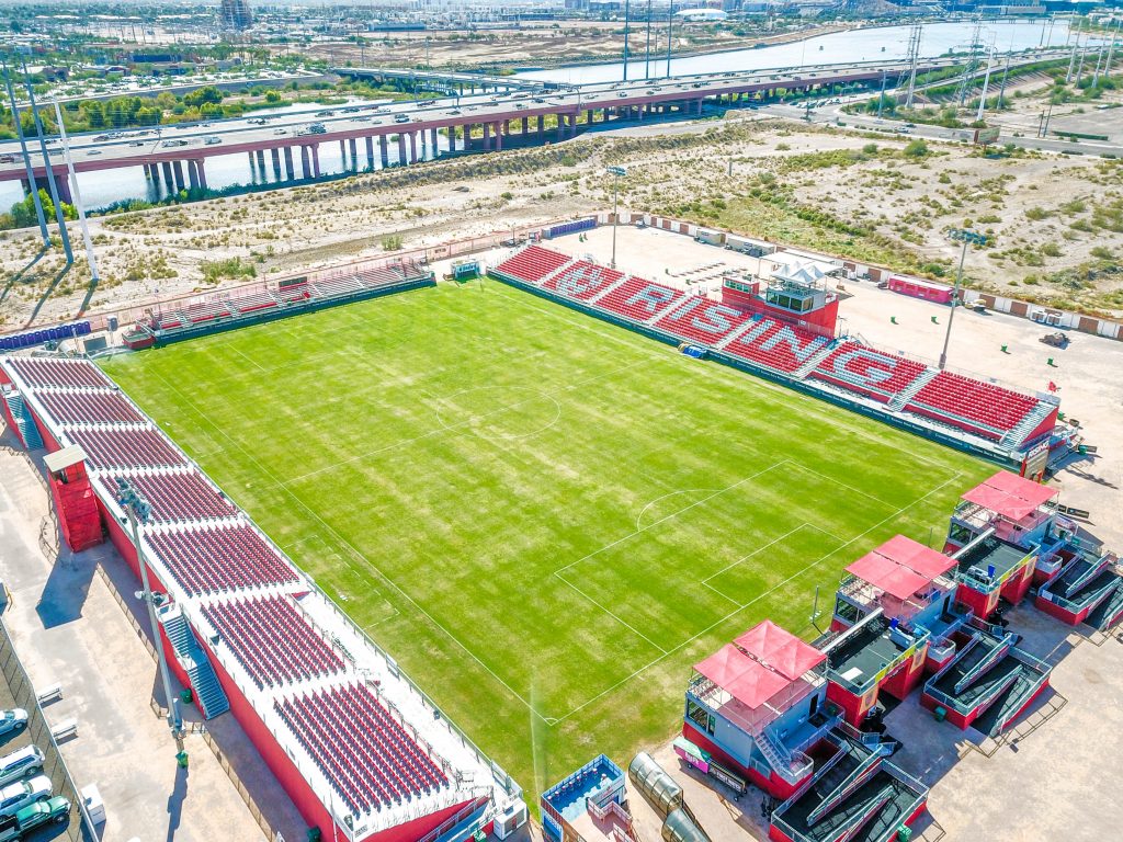 Drone Photo of the Stands at Phoenix Rising's Casino Arizona Field in Scottsdale, Arizona