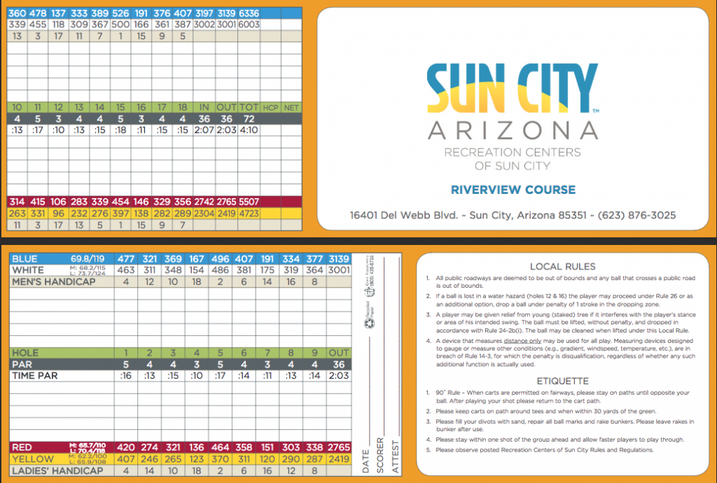Rvierview Golf Course Scorecard Sun City Arizona